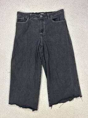 Enjoi Jeans Mens 36 Black Wide Leg Relaxed Denim Skater Raw Hem Cropped Y2K